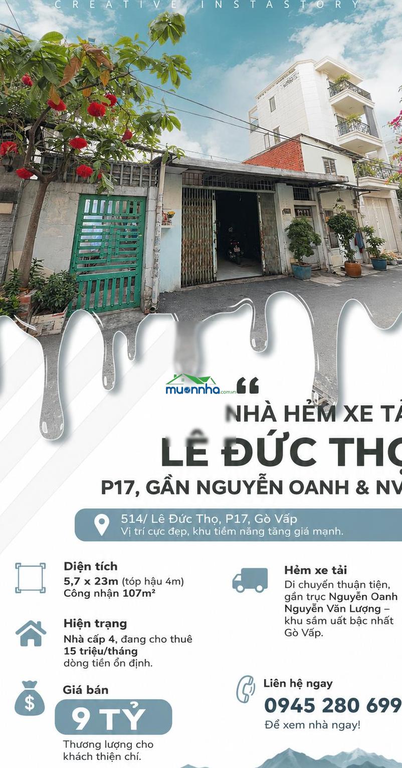 Chỉ 84tr/m2 cn 107m2 hxt 514 lê đức thọ p17 5,7x23m đct 18tr/tg, khu vực trung tâm, giá chỉ 9 tỷ tl - 2