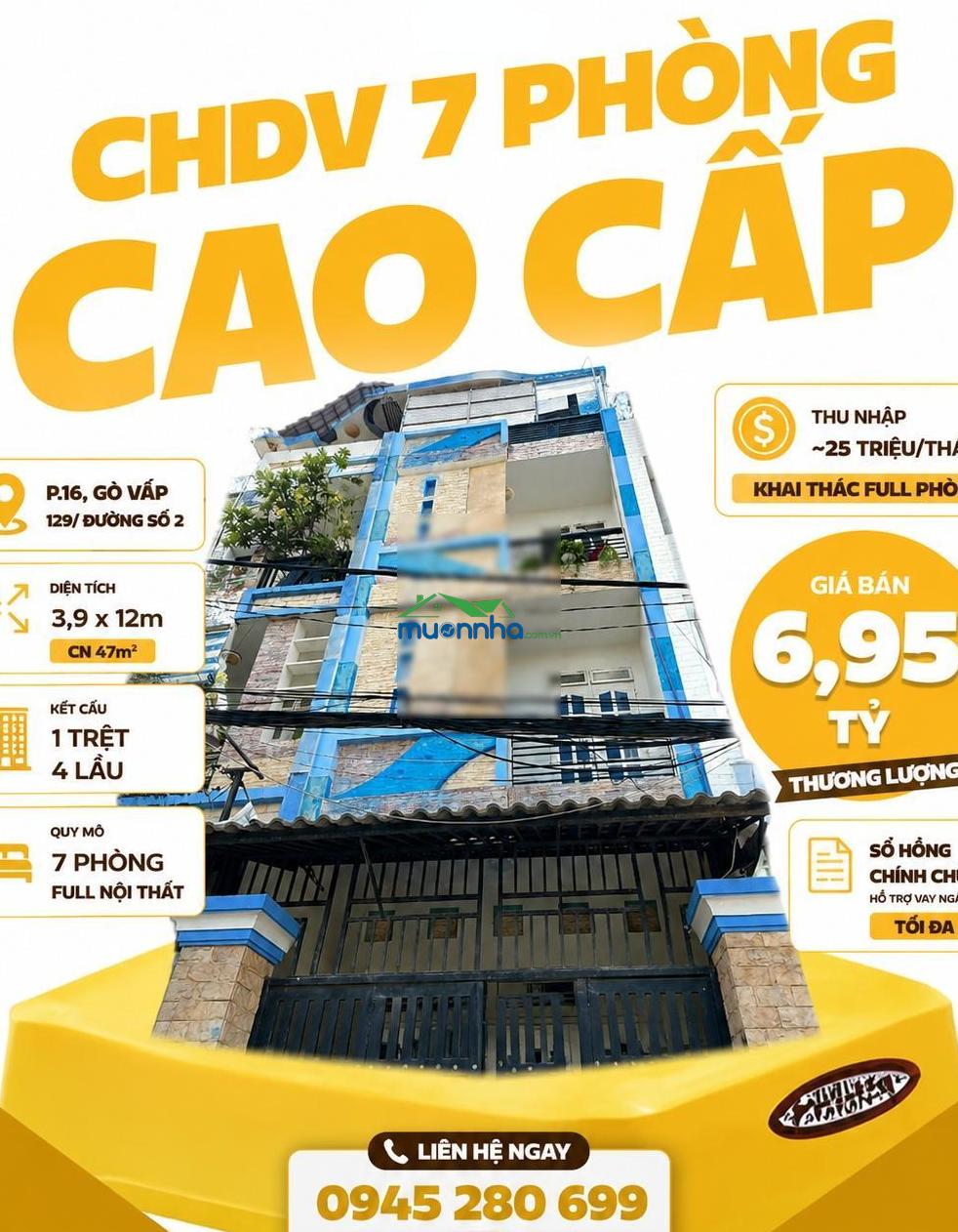 Bán chdv 7pn full nt lê đức thọ p16 3.9x12 cn47m² 5l tn 25tr/th kv dân cư ổn định giá chỉ 6.75t tl
