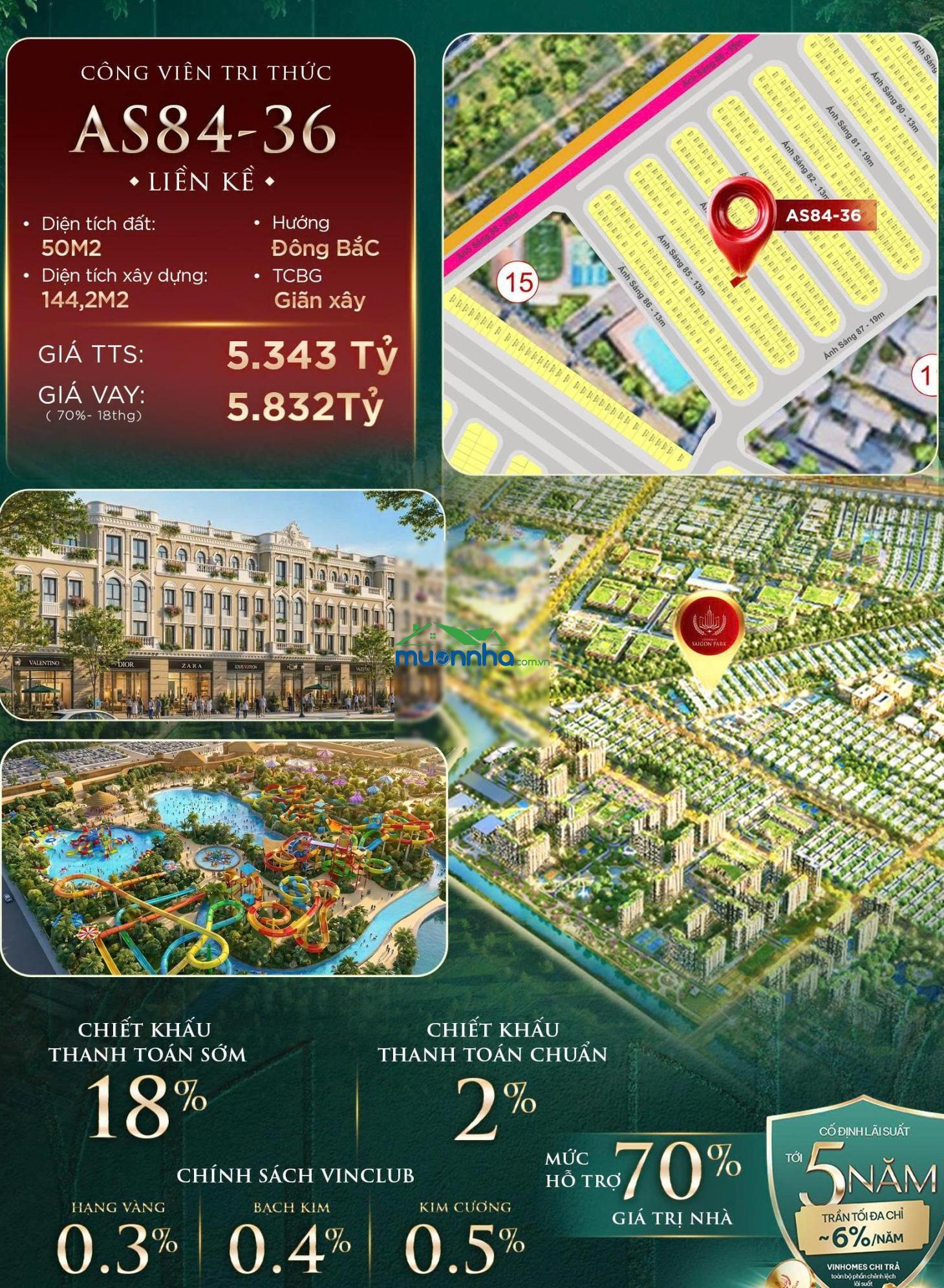 Giá đẹp hôm nay nhà phố liền kề trục as84 - chỉ 5,3 tỷ dt sàn 144,2m2 dự án vinhomes saigon park