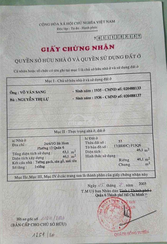 [ Quận 6 ] giá: 3ty6 nhà: bà hom phường phú lâm  4,04m x 12m ( nở hậu