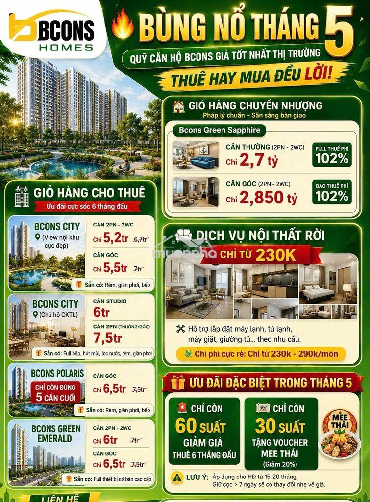 Hỗ trợ tìm căn hộ!!! tìm cho thuê tất cả các căn hộ của bcons giá tốt