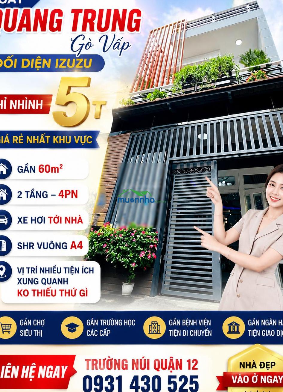 Ngay quang trung- hẻm xe hơi- 59m²- 4pn- chỉ 5.58t - 2