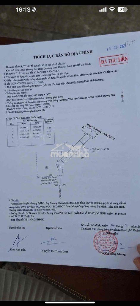 Ngộp bank bán gấp 110m2 đất vĩnh phú 2 mặt tiền ( 4,2x31)  giá 3,3 tỷ - 2