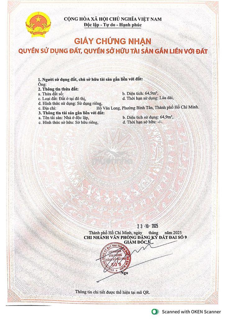 Đất full thổ cư xây dựng 3 lầu ngay. chính chủ kí bán 2ty650