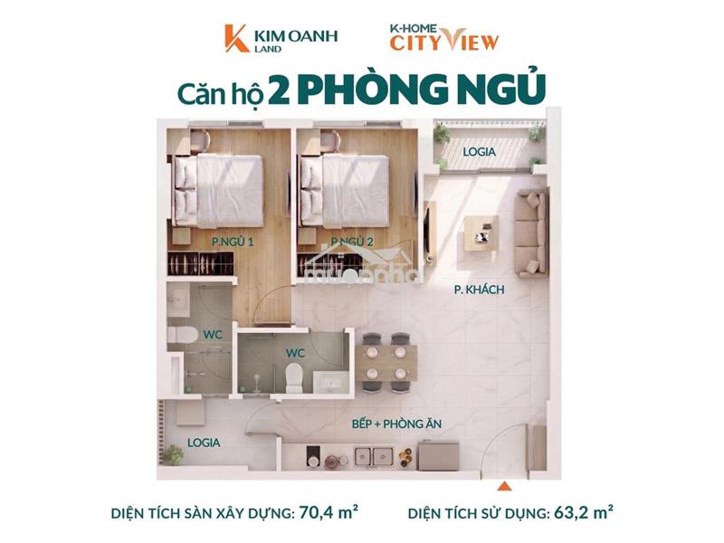 Căn hộ 2pn 2wc 70,4m2 full nội thất trung tâm thành phố biên hoà