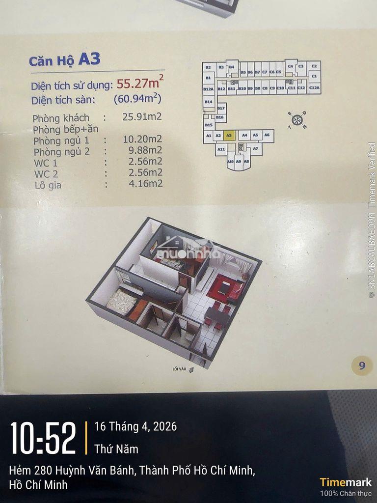 Bán căn hộ 60m2, 2pn, 2wc, tầng 9 hqc hóc môn