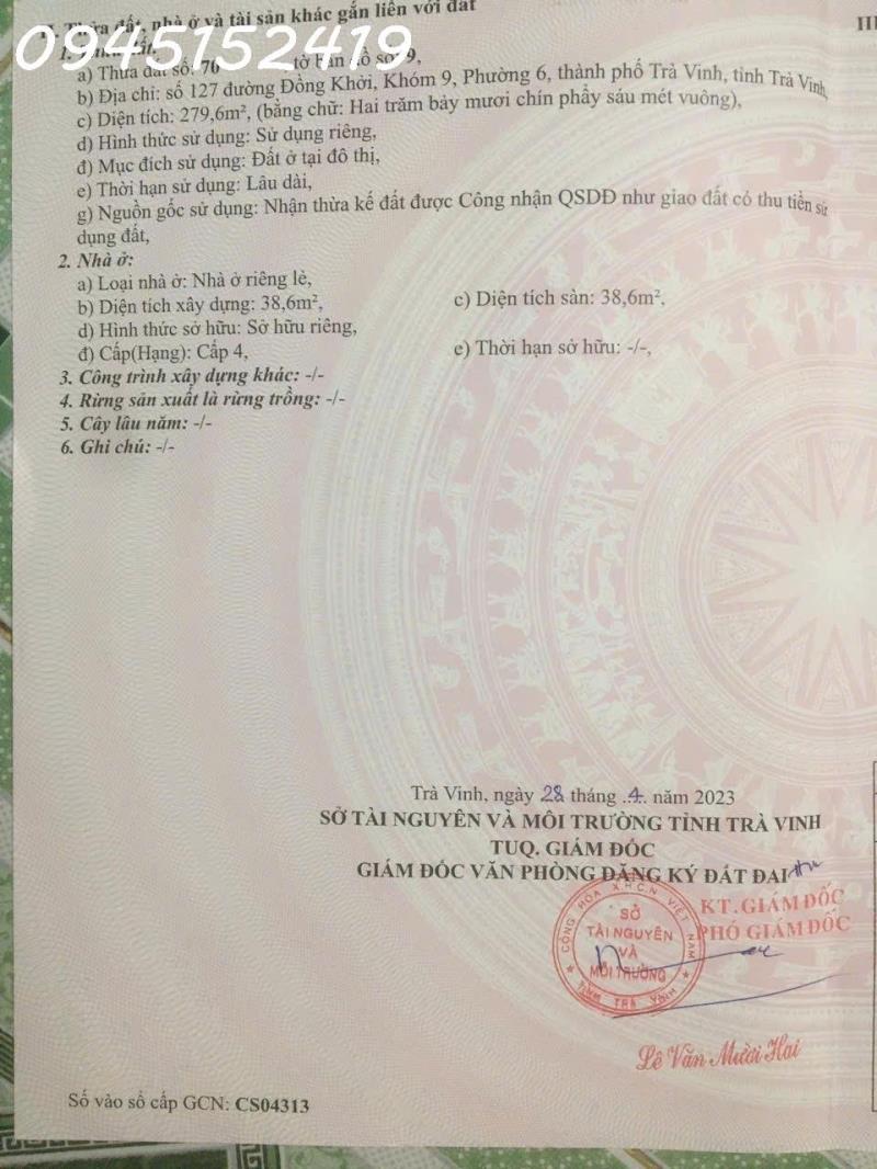 Chính chủ cần bán lô đất siêu đẹp tại đồng khởi, phường 6, trà vinh, 279,6m2, giá 2,9 tỷ