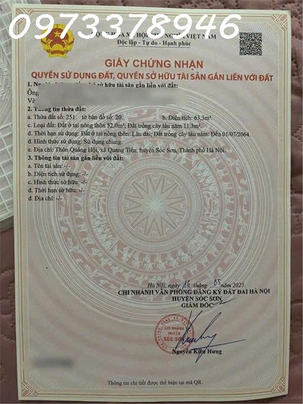 Chính chủ cần bán lô đất siêu đẹp tại xã quang tiến, sóc sơn, dt 63.3m2, giá đầu tư